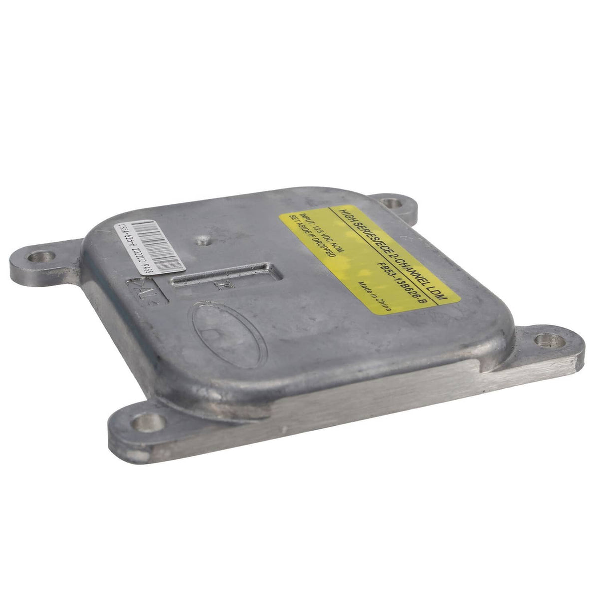 LED headlight control module angled view with yellow label and mounting feet