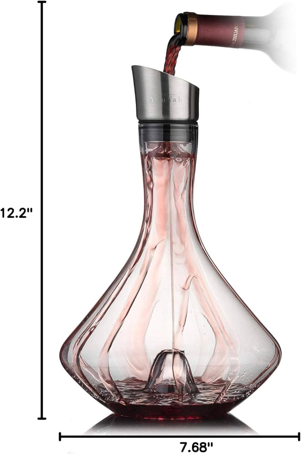 Red-tinted glass wine decanter with black aerator top and spout