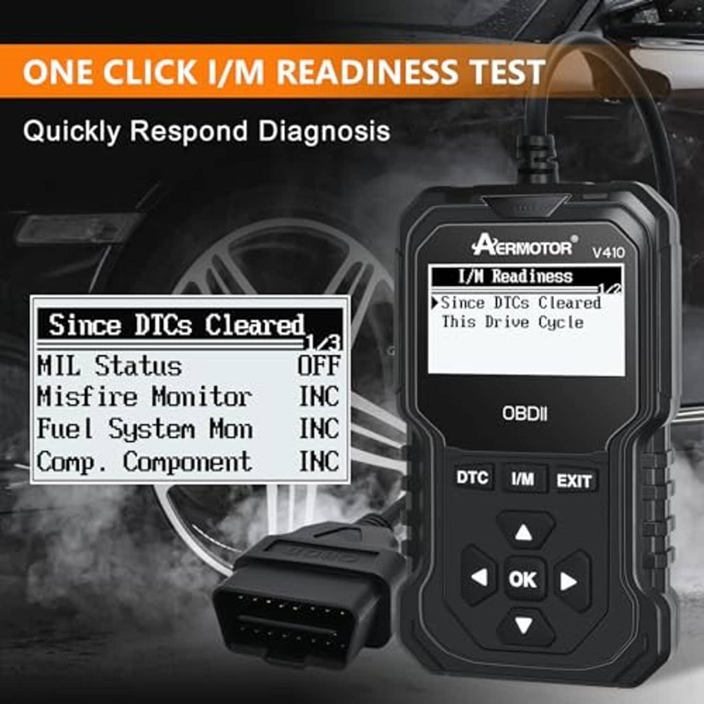Black OBD2 scanner showing I/M readiness test screen with keypad and ports