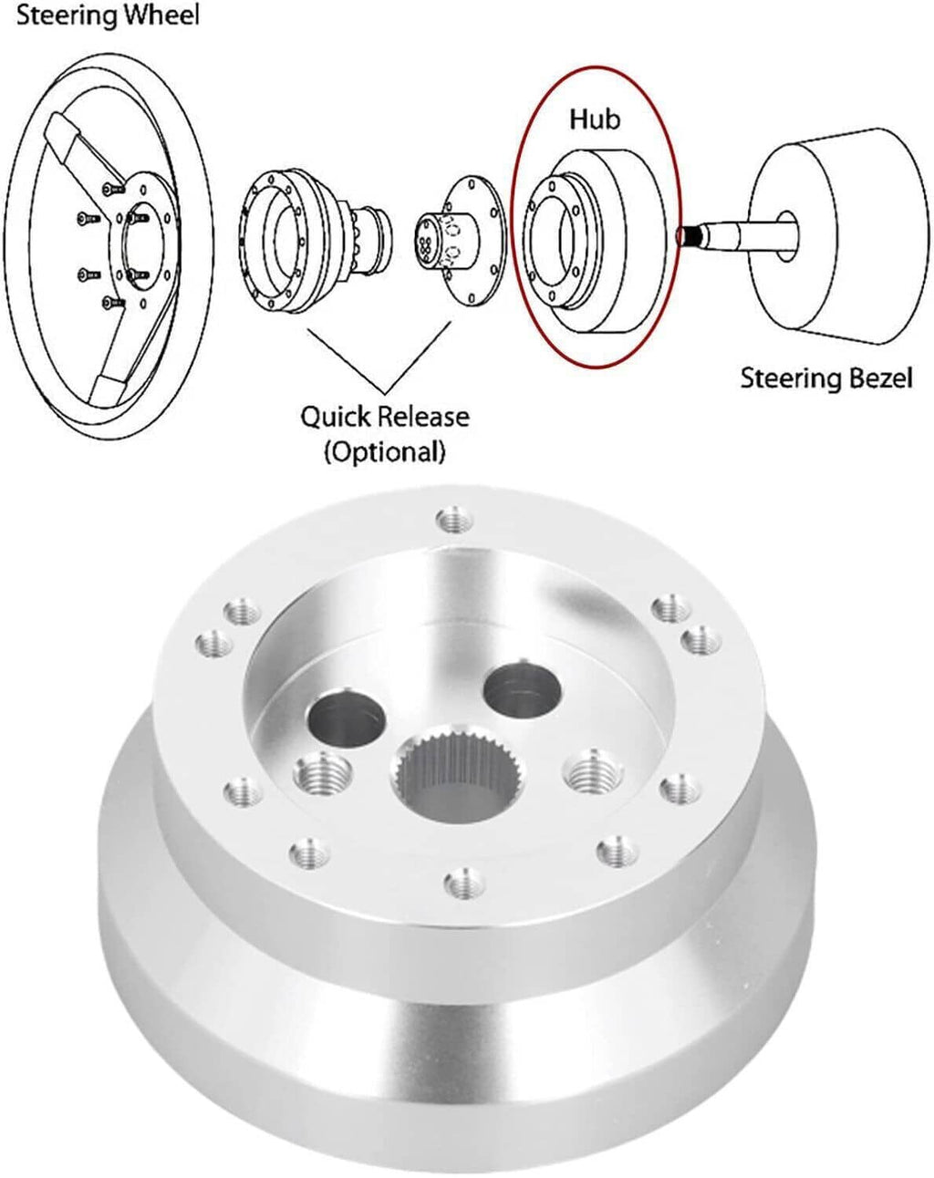 Polished silver steering wheel short hub adapter with multiple bolt holes, face plate