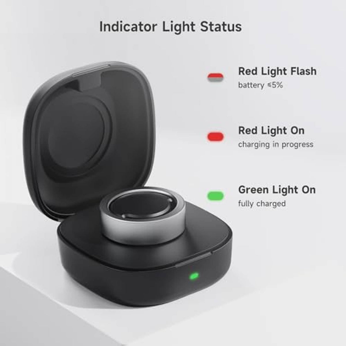 Black wireless charging case with metal ring and indicator lights: green and red