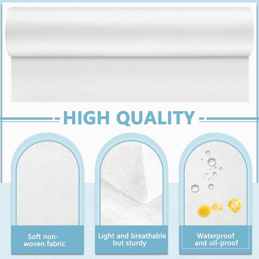 White disposable non-woven bed sheet roll package showing breathable and waterproof panels