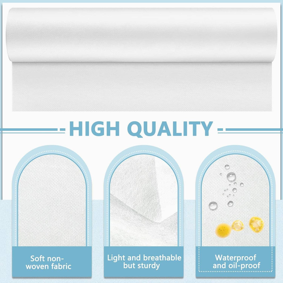 White disposable non-woven bed sheet roll package showing breathable and waterproof panels