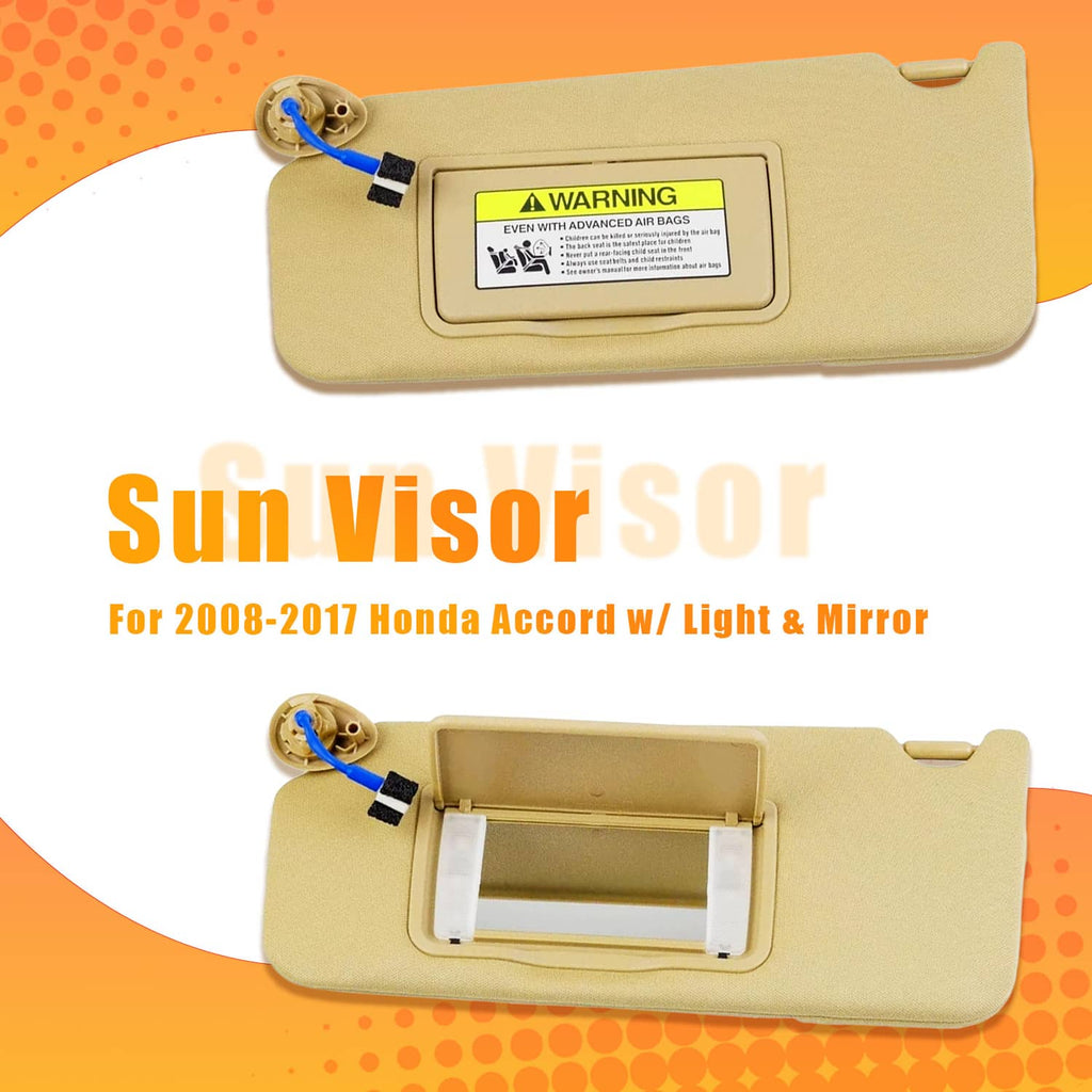 Tan car sun visor with mirror housing and LED window, showing blue connector wire