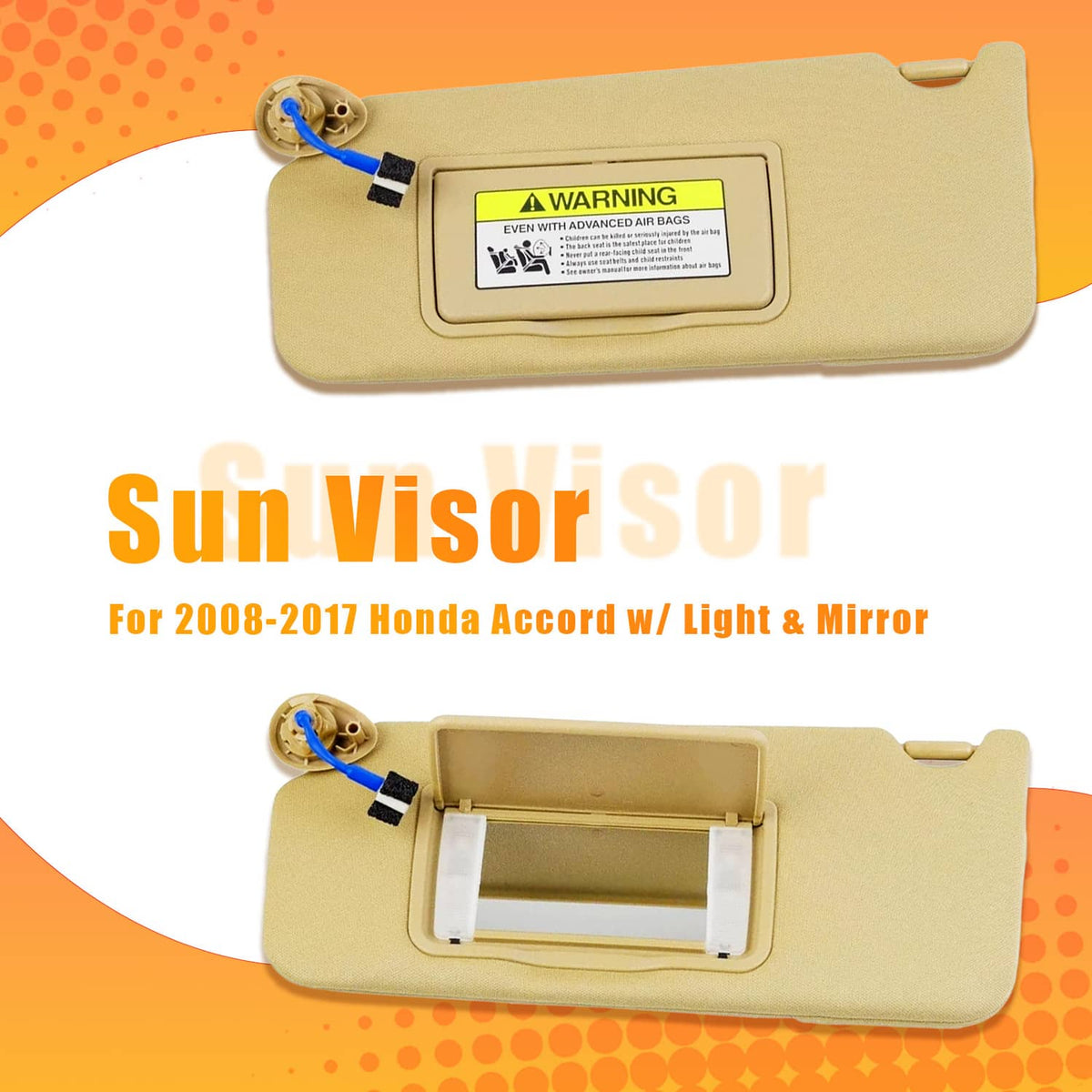 Tan car sun visor with mirror housing and LED window, showing blue connector wire