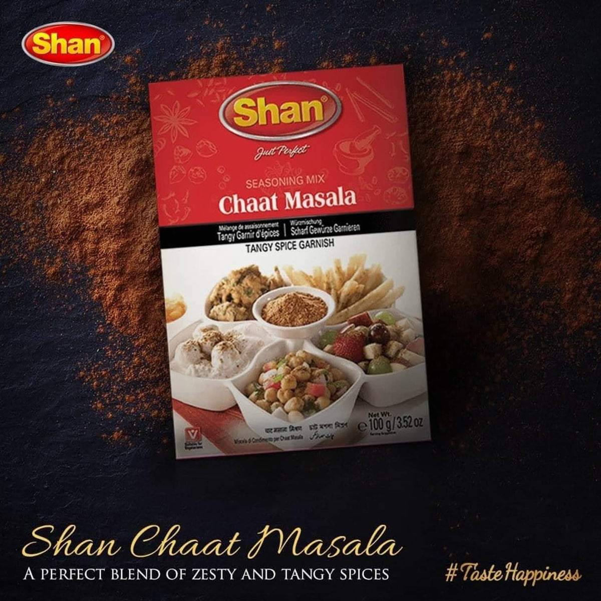 Shan Chaat Masala seasoning mix spice packet, red carton with dish photo