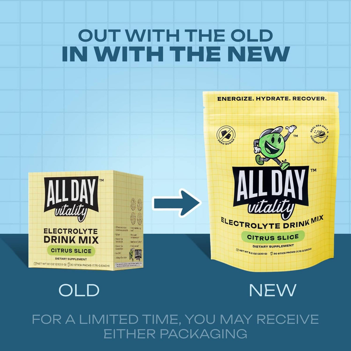 Electrolyte drink mix citrus slice packages shown for old vs new