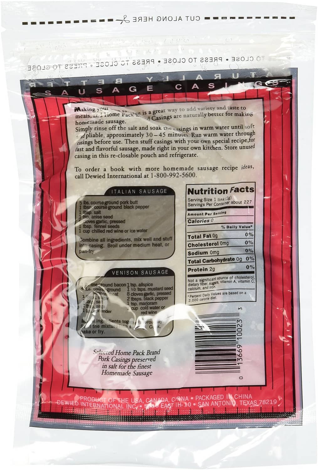 DeWied hog sausage casings back label with nutrition facts and serving instructions
