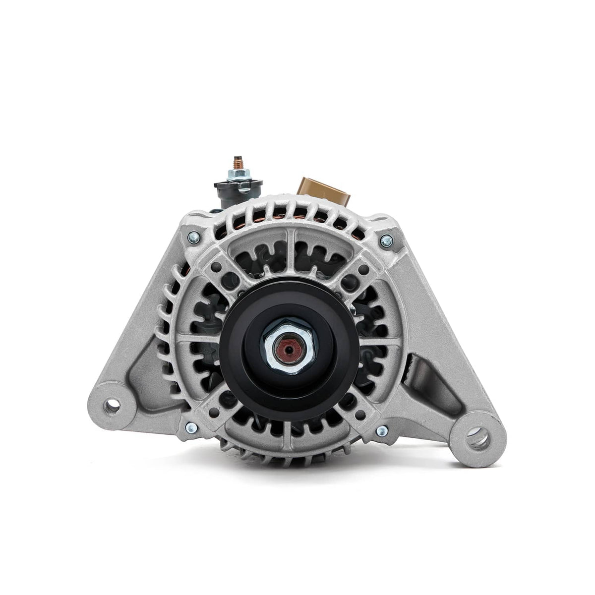 Alternator front view with black pulley, circular hub, and mounting brackets