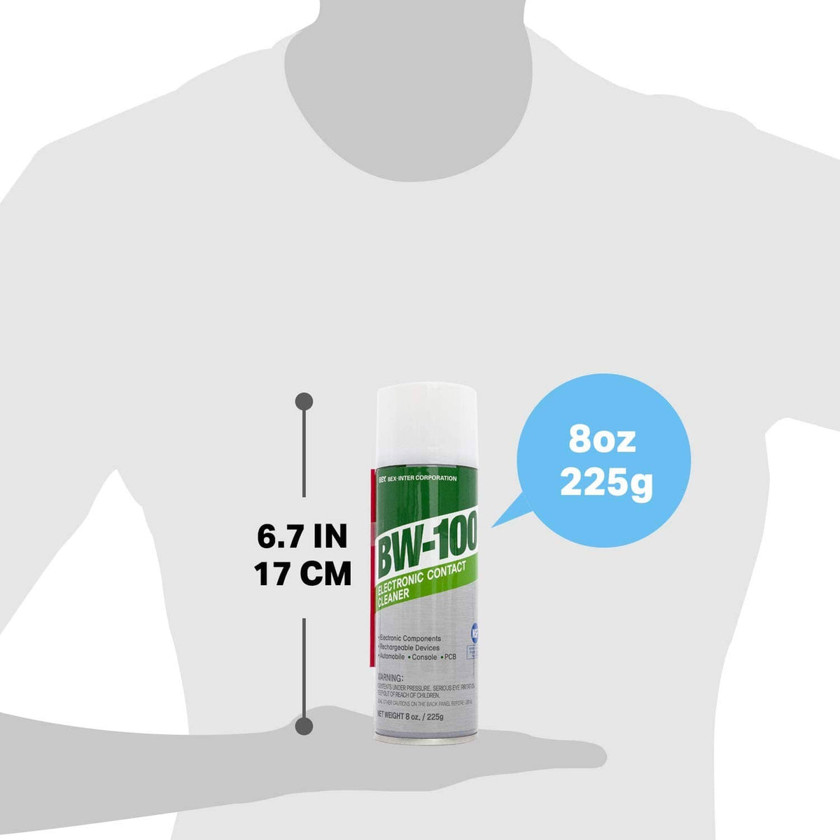 BW-100 electronic contact cleaner aerosol can with 8 oz (225 g) size and 6.7 in height