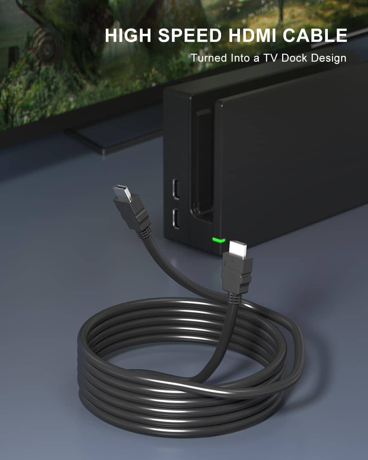 Black dock station with connected HDMI cable and coiled lead
