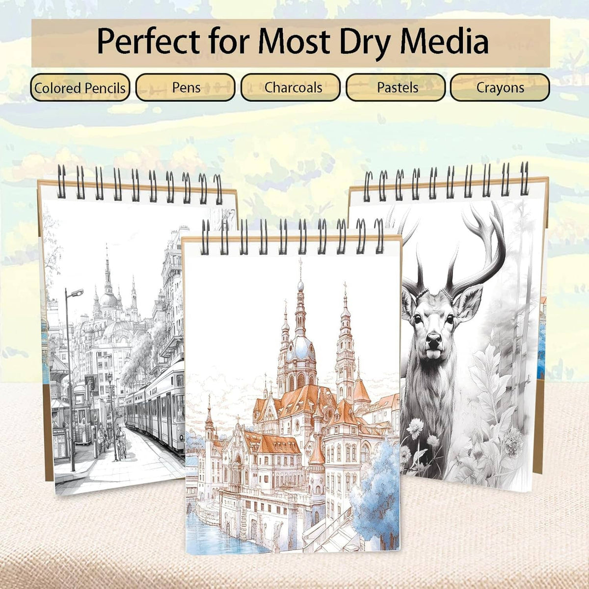 Three spiral-bound sketch pads with illustrated covers for dry media, including deer and city.