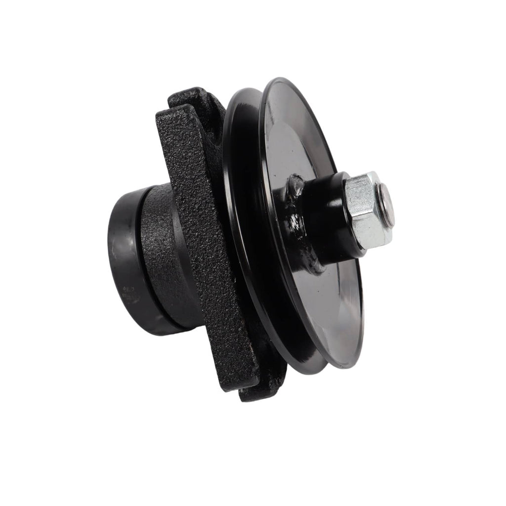 Black mower deck spindle with side mount bracket and silver bolt