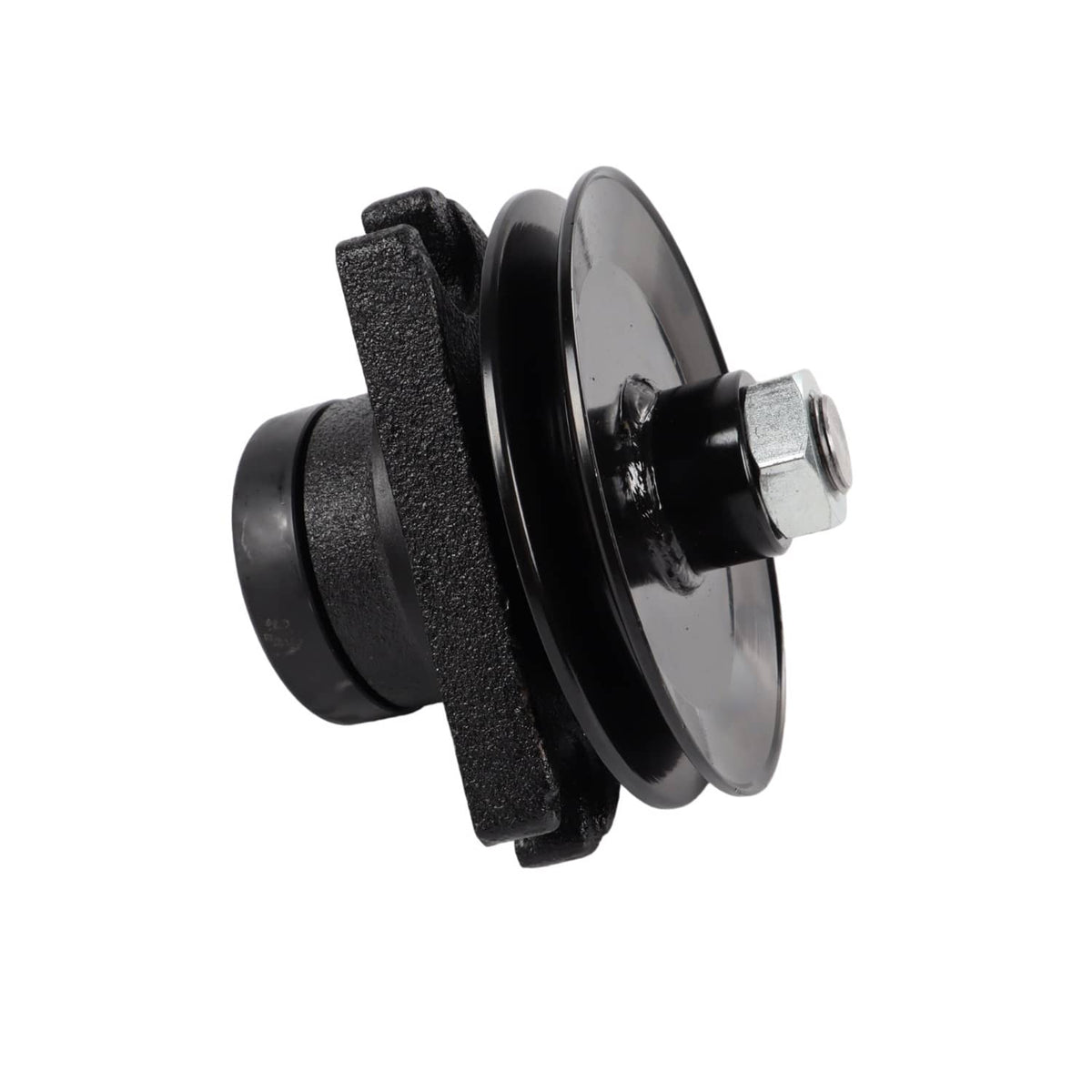 Black mower deck spindle with side mount bracket and silver bolt