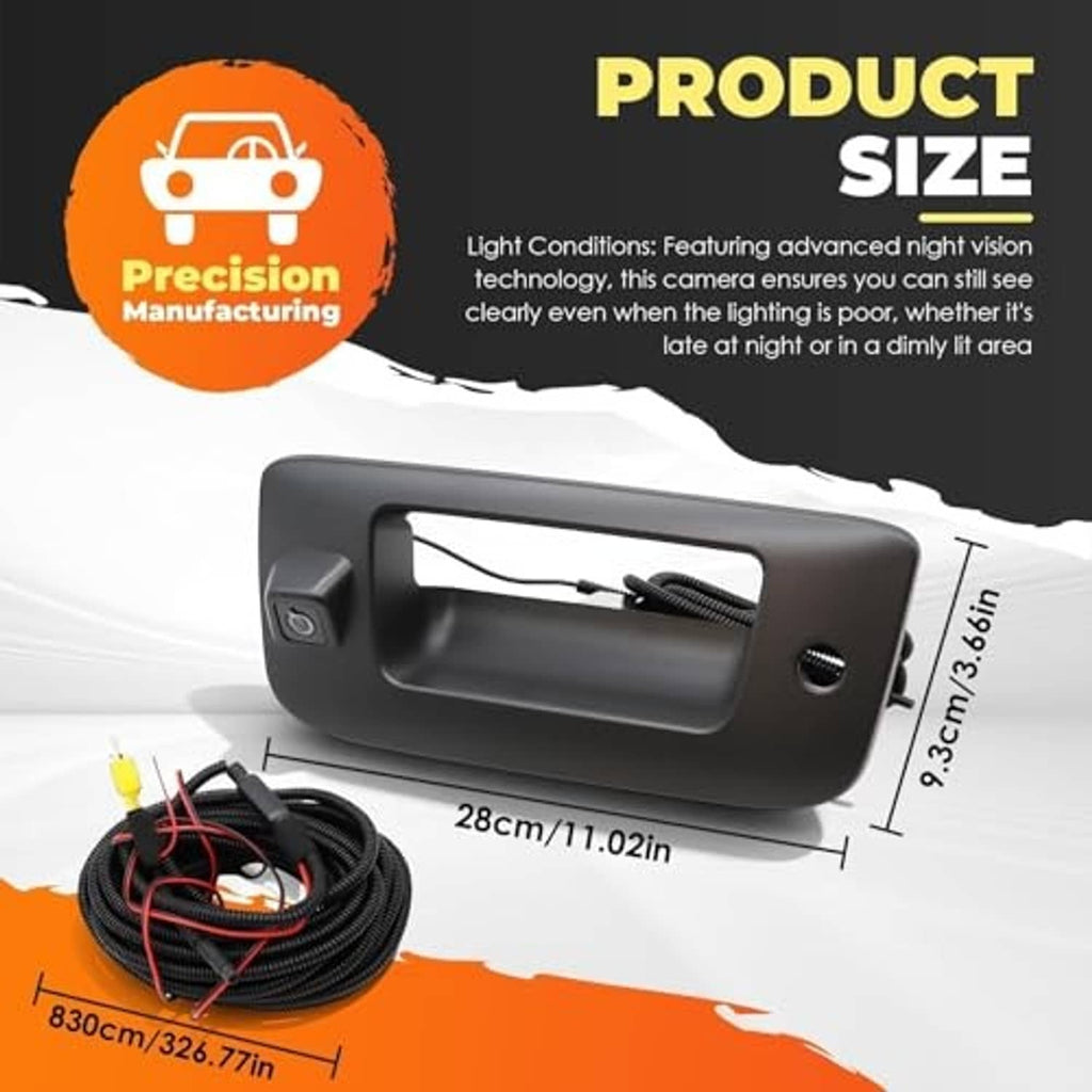 Tailgate handle backup camera kit with wiring harness and size dimensions