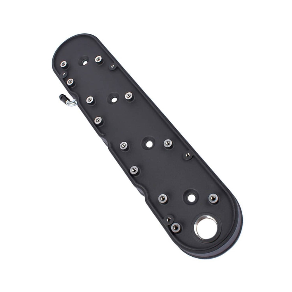 Black valve cover with coil-mounts, circular fasteners and mounting holes
