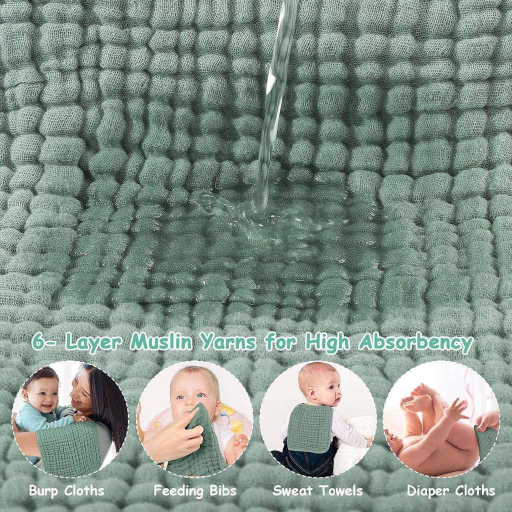 Sage green muslin burp cloth fabric close-up, 6-layer textured weave for absorbency