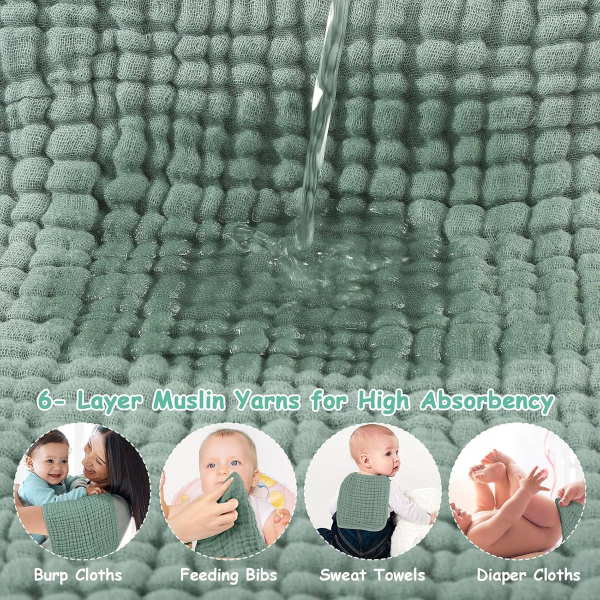 Sage green muslin burp cloth fabric close-up, 6-layer textured weave for absorbency