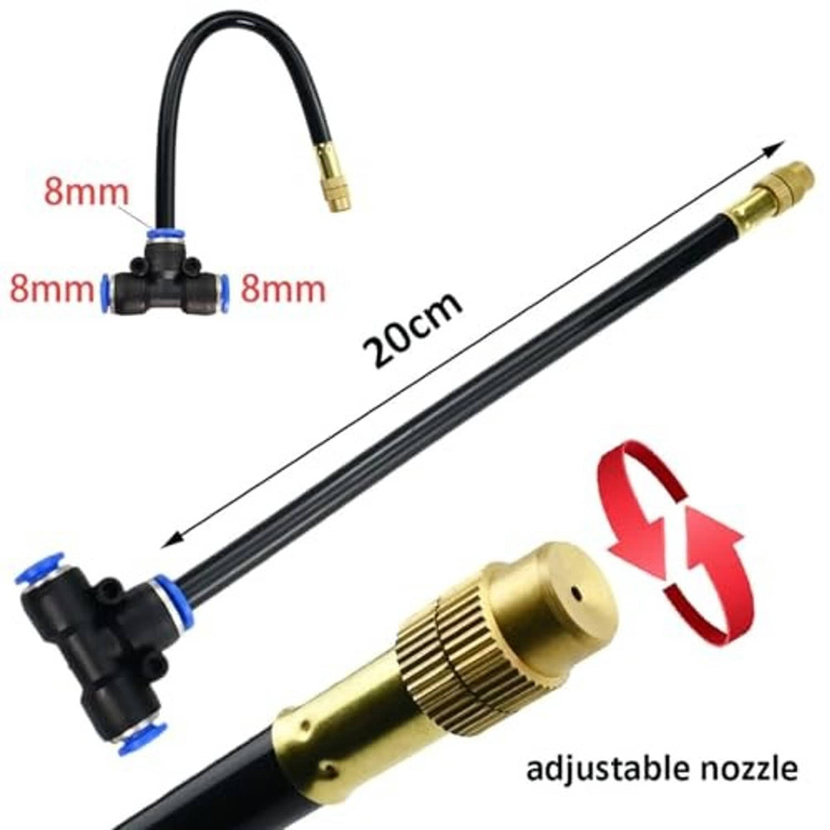 Adjustable brass mist nozzle on black irrigation tube with end connector fitting