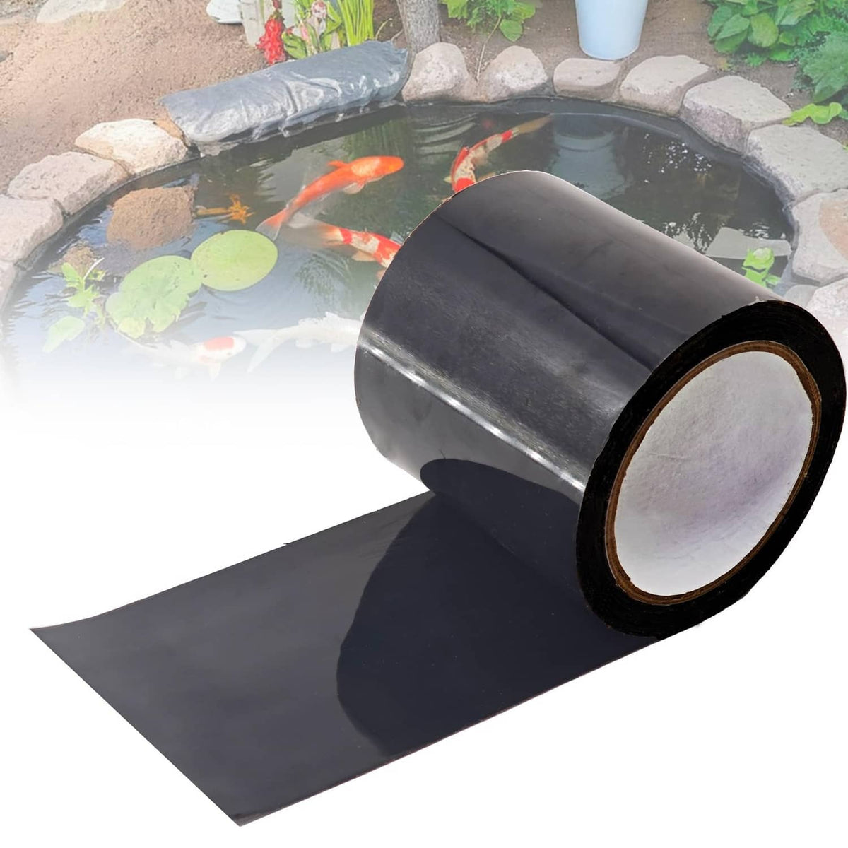 Black single-sided waterproof seam tape roll with unrolled strip