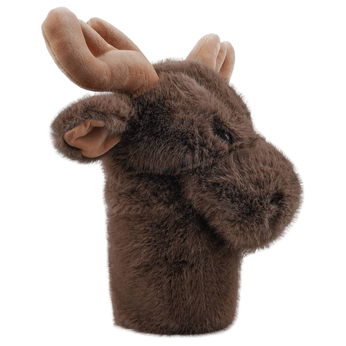Moose plush golf driver headcover in brown, with open antlers and stitched facial details
