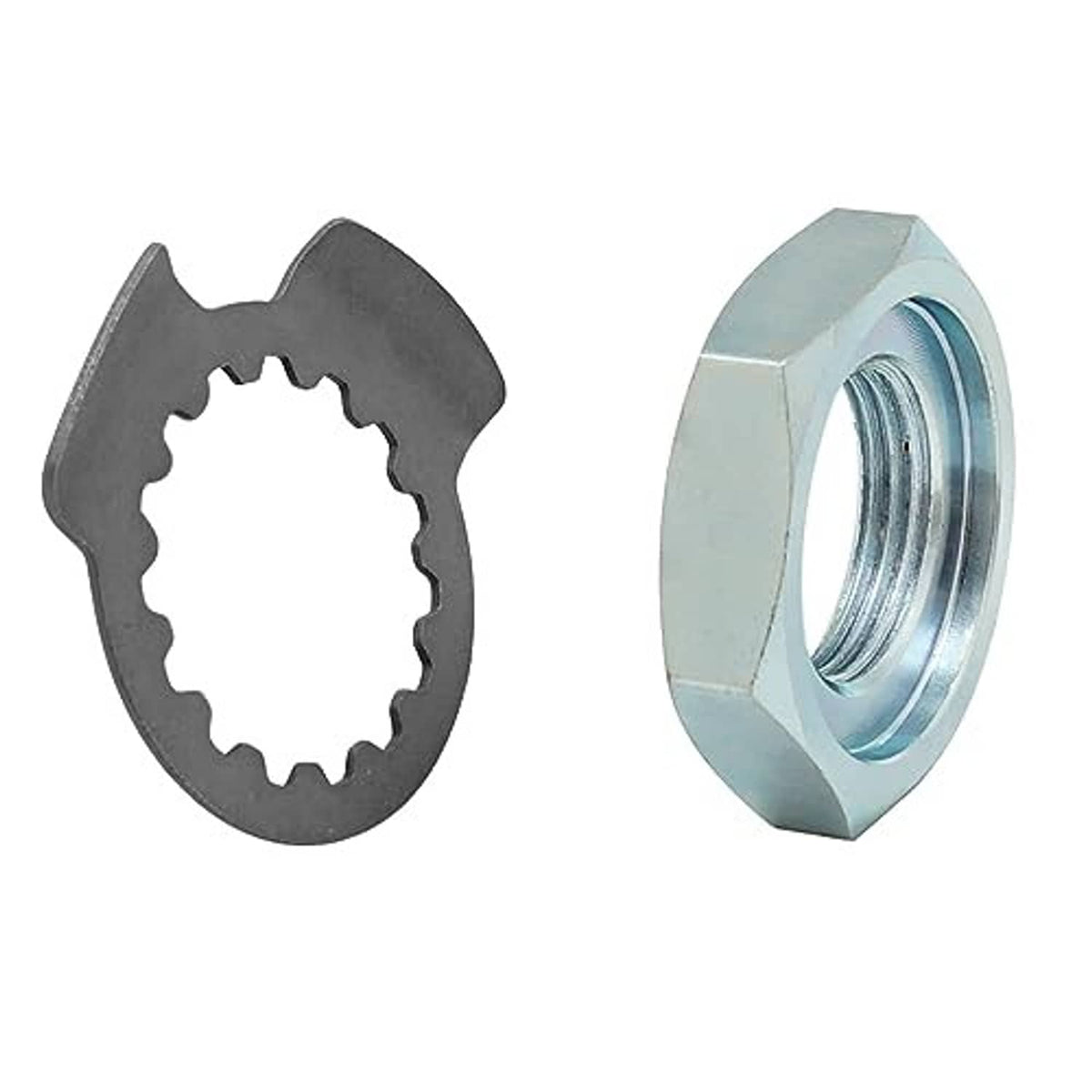Dark serrated washer and silver hex nut, front sprocket hardware set