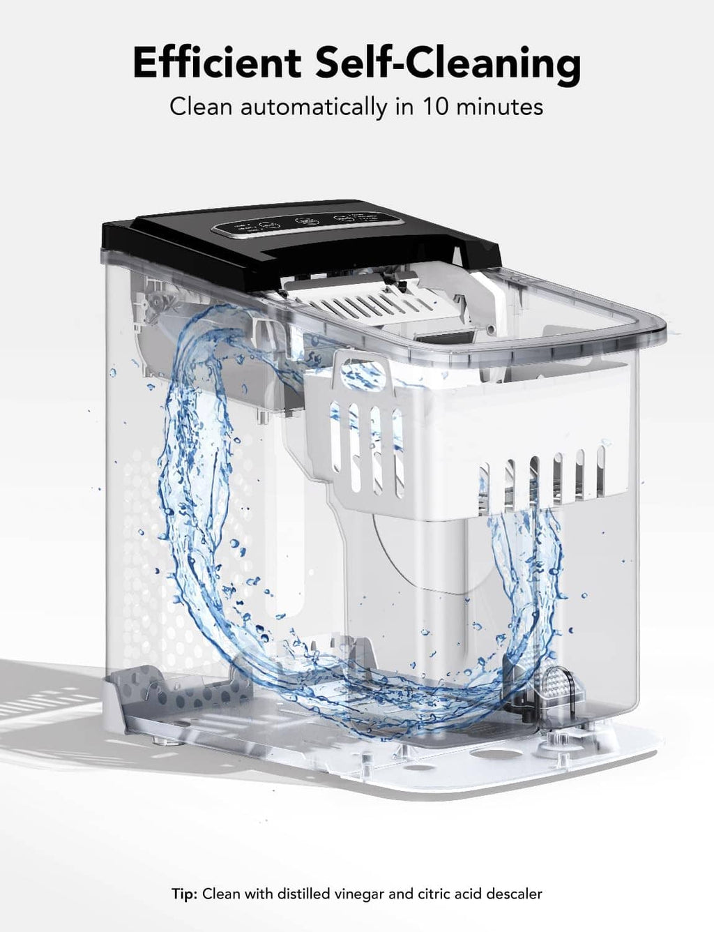 Self-cleaning ice maker with water spray inside the open ice basket