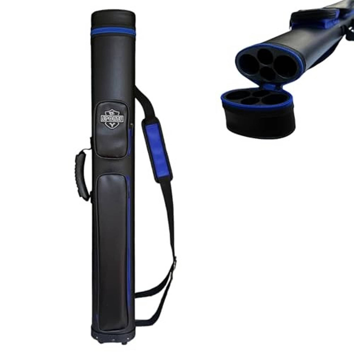 Black oval hard-shell pool cue case with blue edging and shoulder strap