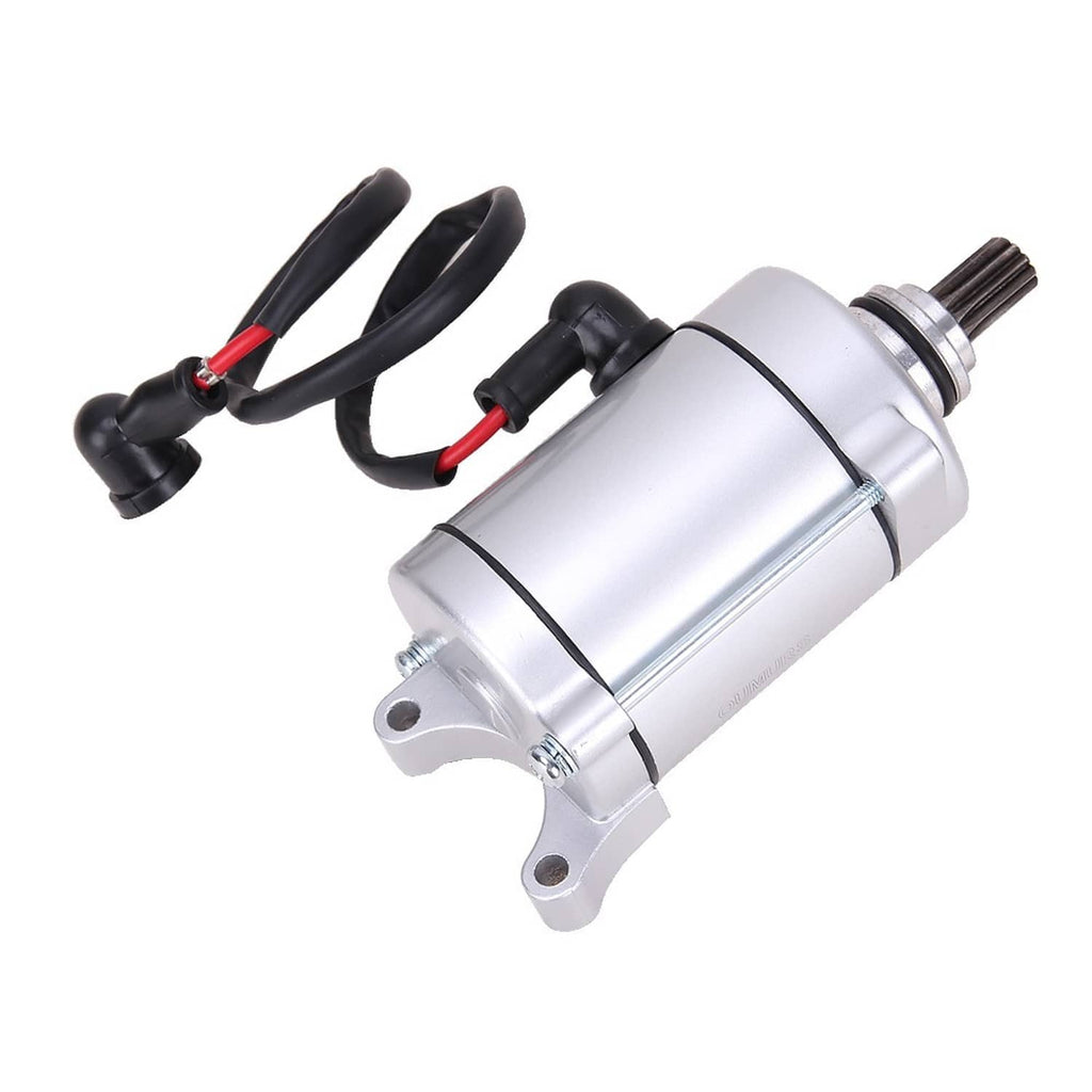 11-tooth starter motor with black wiring and red splice, silver housing, mounting flange