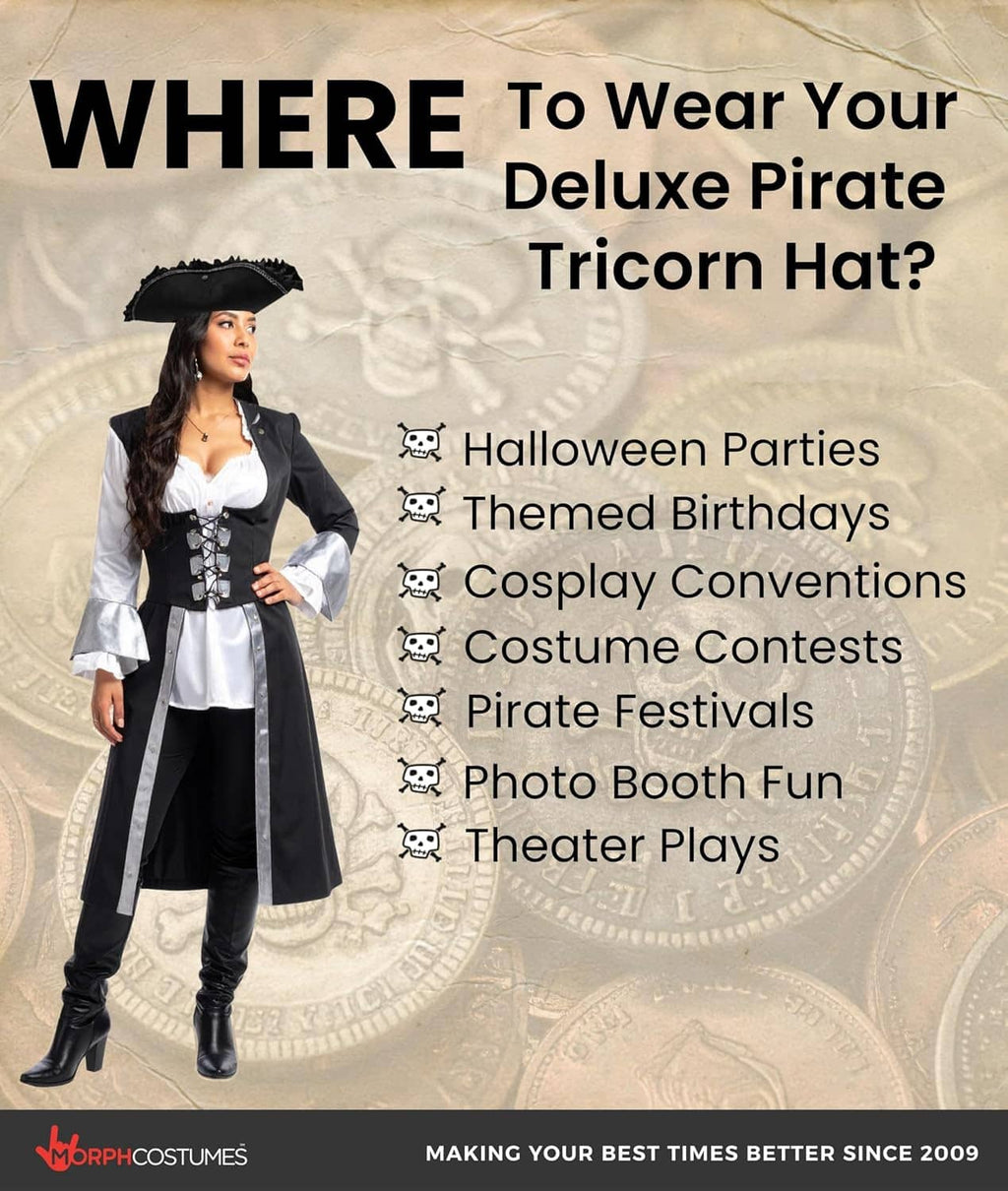 Black deluxe tricorn pirate hat worn with a black-and-white costume for adults.