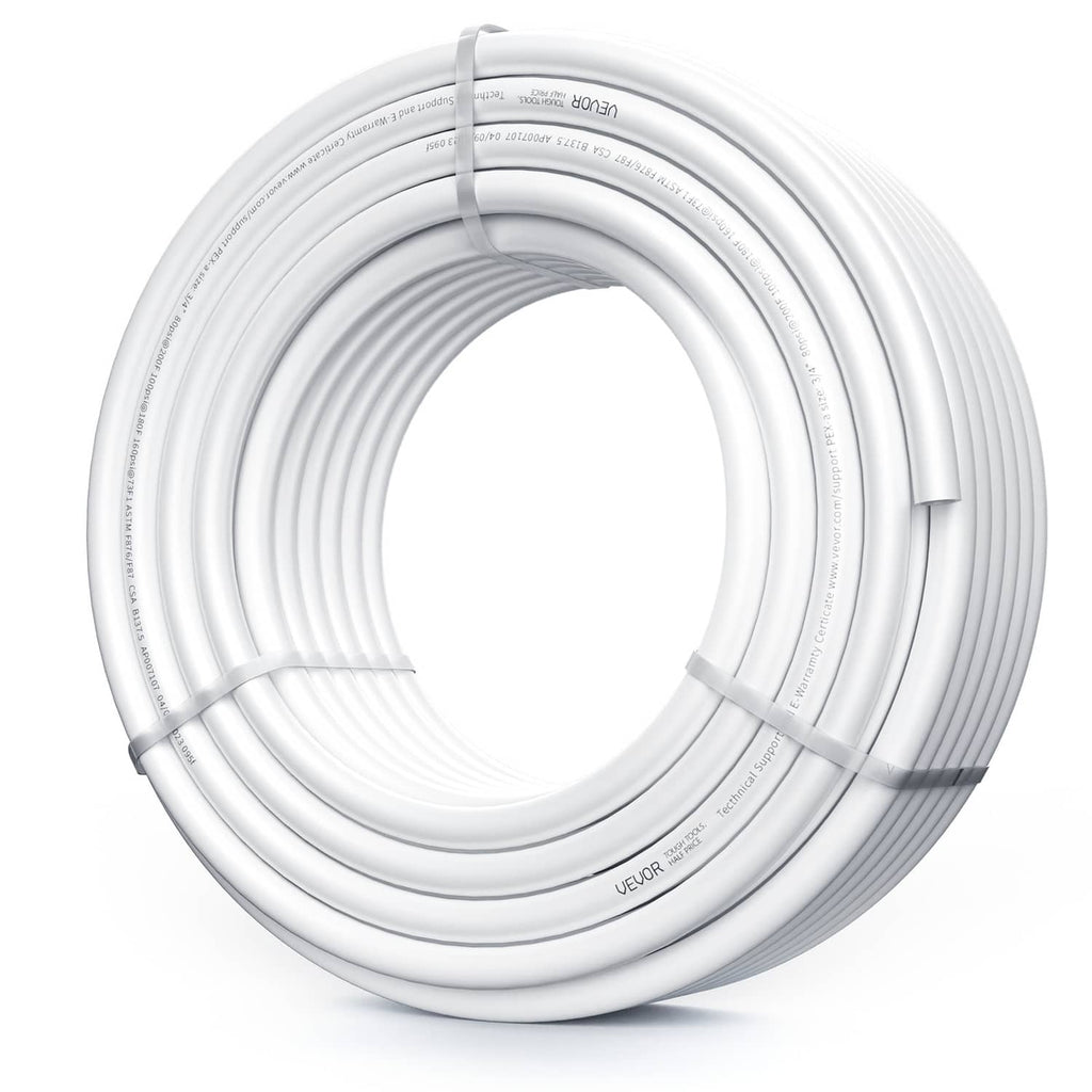 White PEX-A water pipe coil, neatly coiled tubing with printed markings