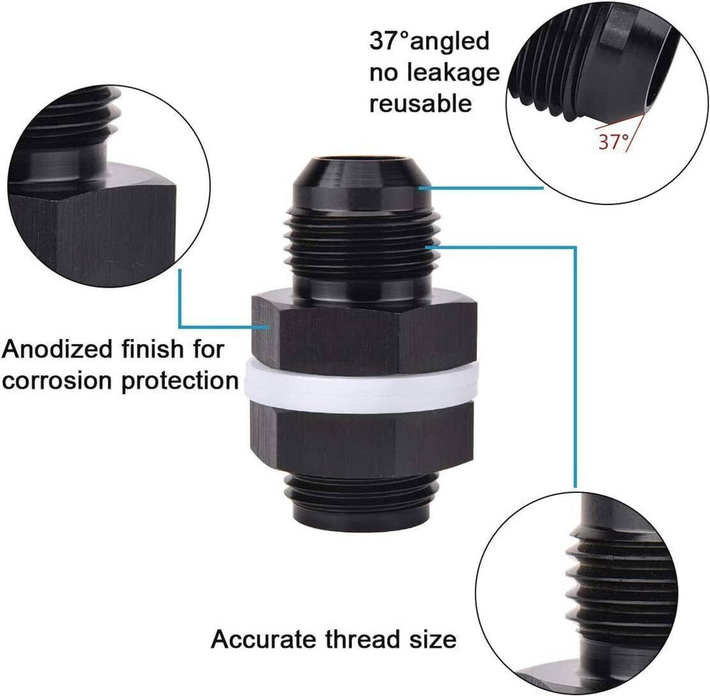 Black AN bulkhead fitting with white PTFE sealing washers and threaded ends