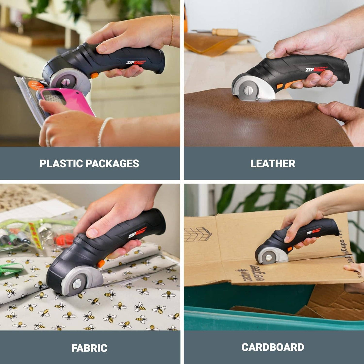 Hands using black and orange electric scissors to cut plastic, leather, fabric, and cardboard