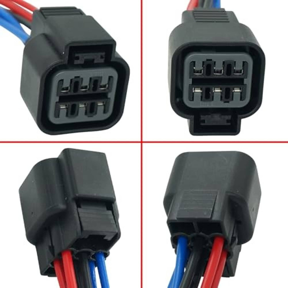 6-pin headlamp connector plug shown from multiple angles with red and blue leads