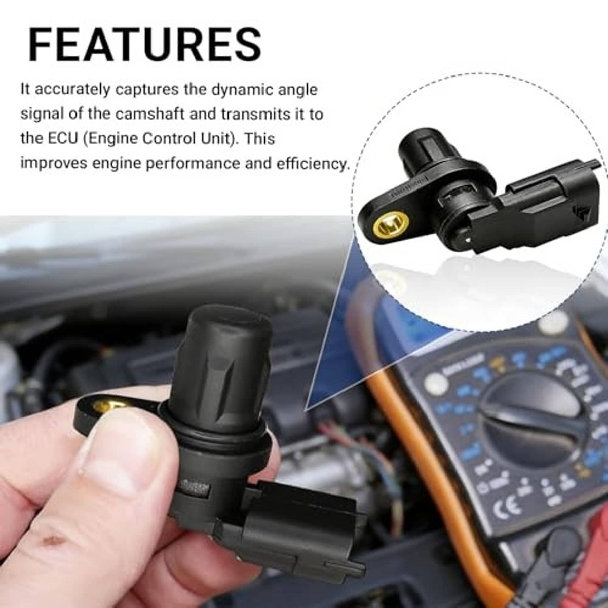 Camshaft position sensor with black connector and gold terminal, shown near a multimeter