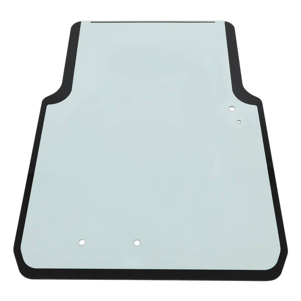 Tinted front door window glass with black frame, light blue panel and mounting holes