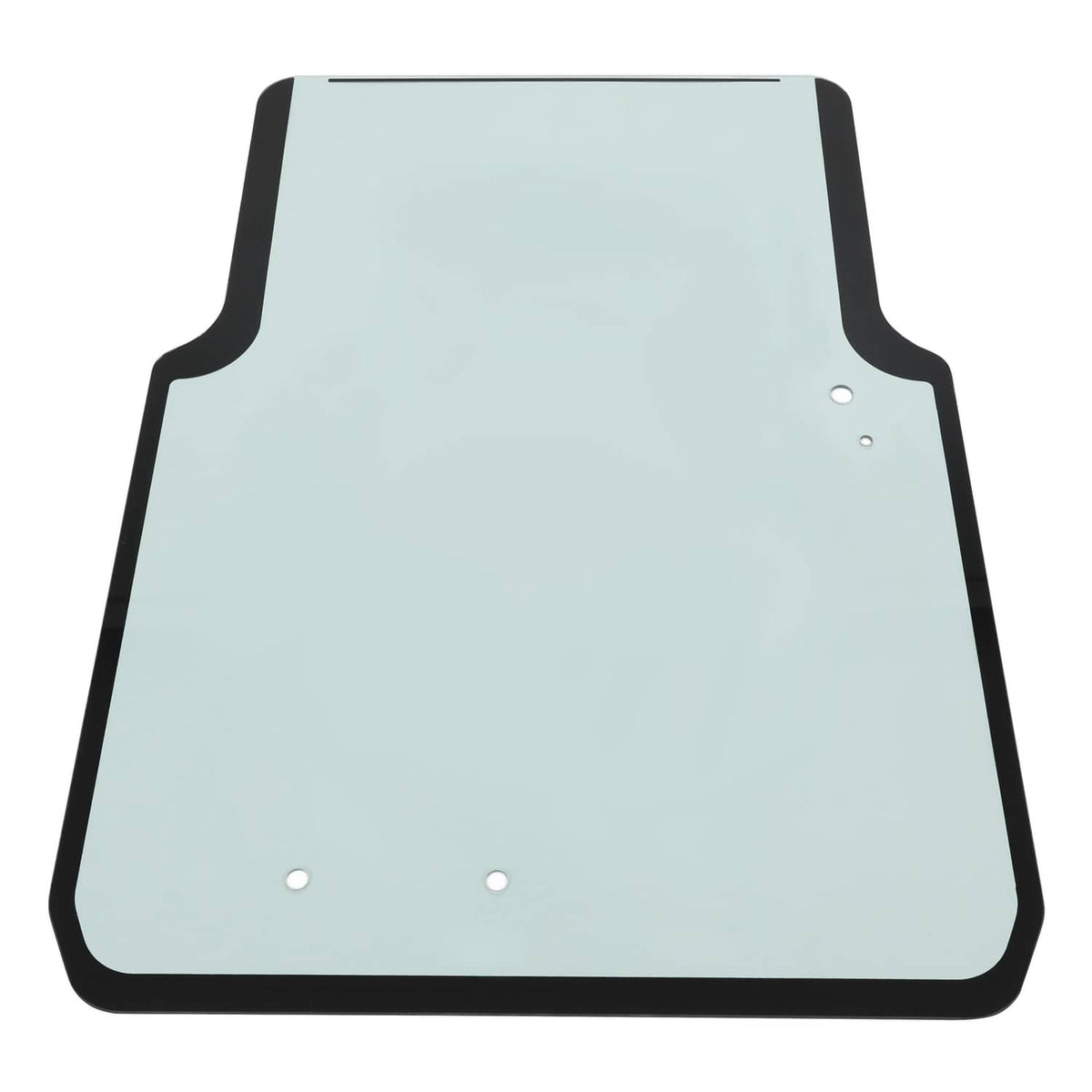 Tinted front door window glass with black frame, light blue panel and mounting holes