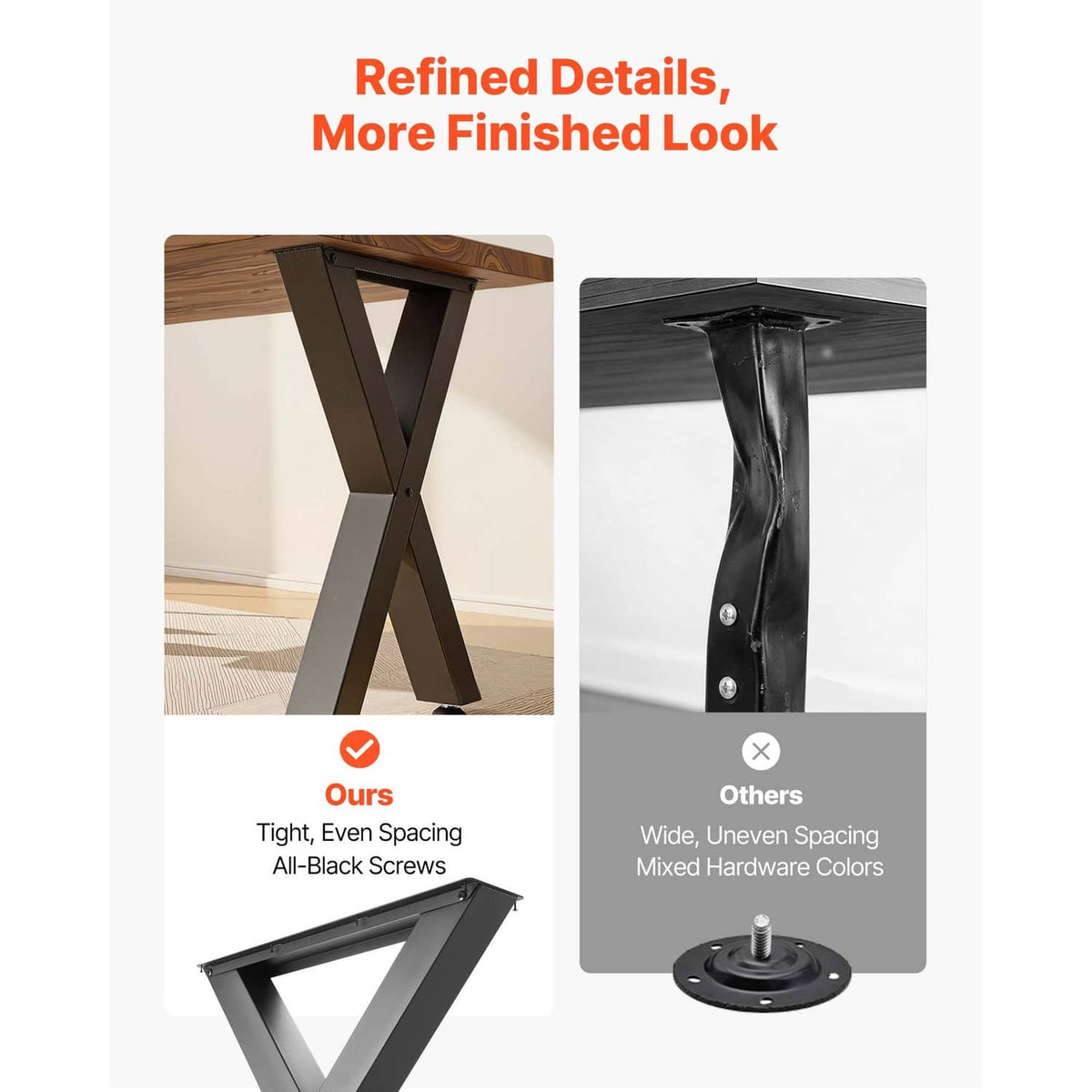 Black X-frame table legs detail view with mounting screws and smooth finished edges.