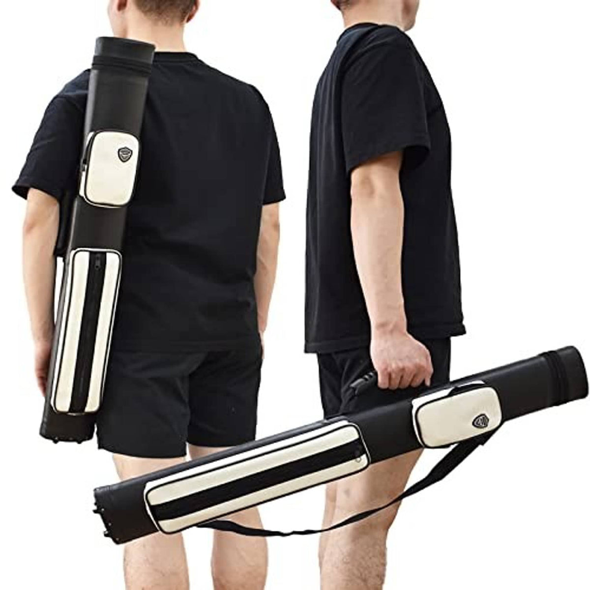 Hard pool cue case worn on back with shoulder strap, black and white exterior