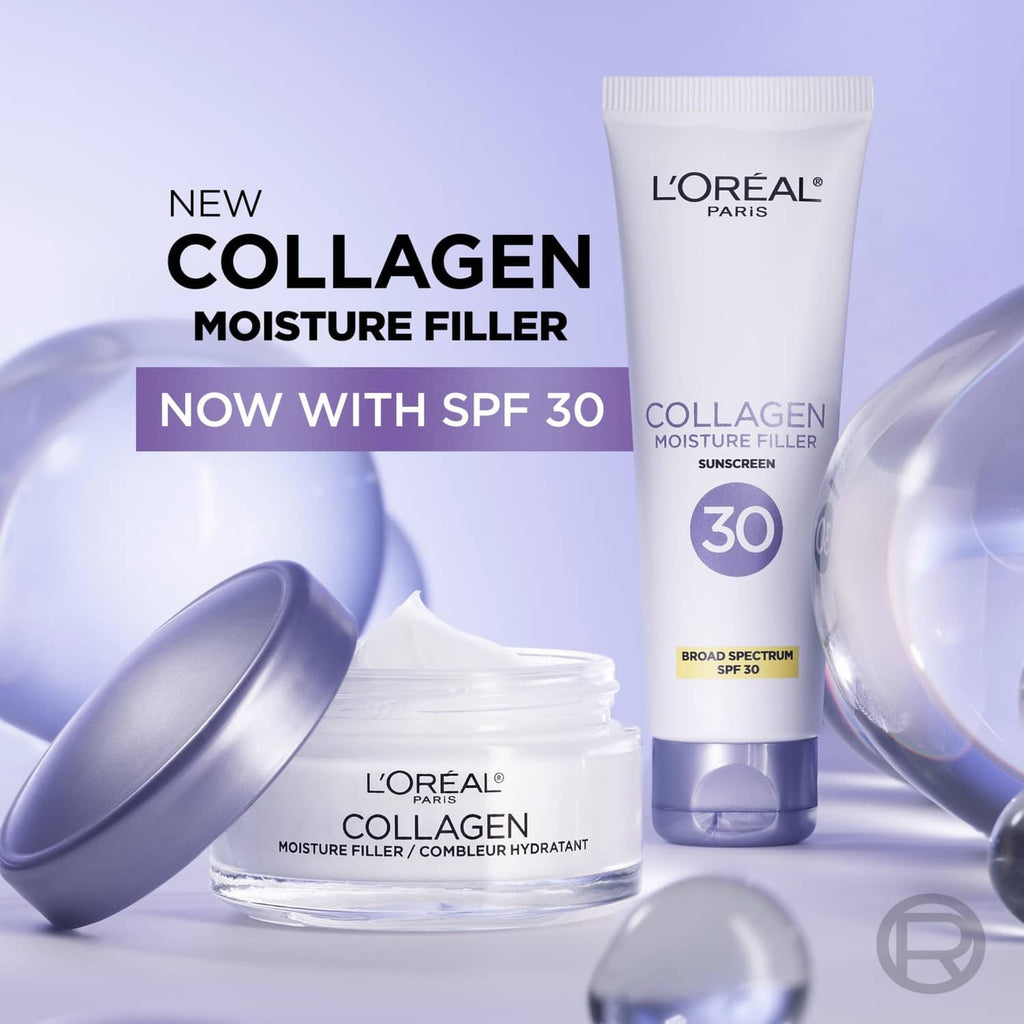 L’Oreal Collagen SPF 30 moisturizer tube and jar with purple accents