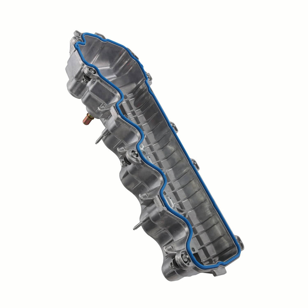 Engine valve cover angled view with blue gasket border and mounting bolt holes