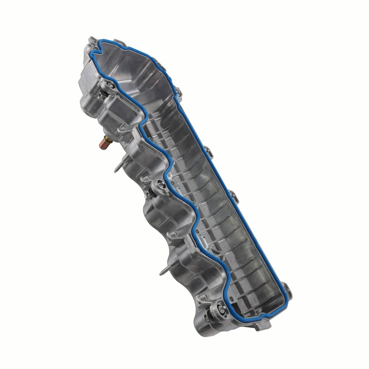 Engine valve cover angled view with blue gasket border and mounting bolt holes