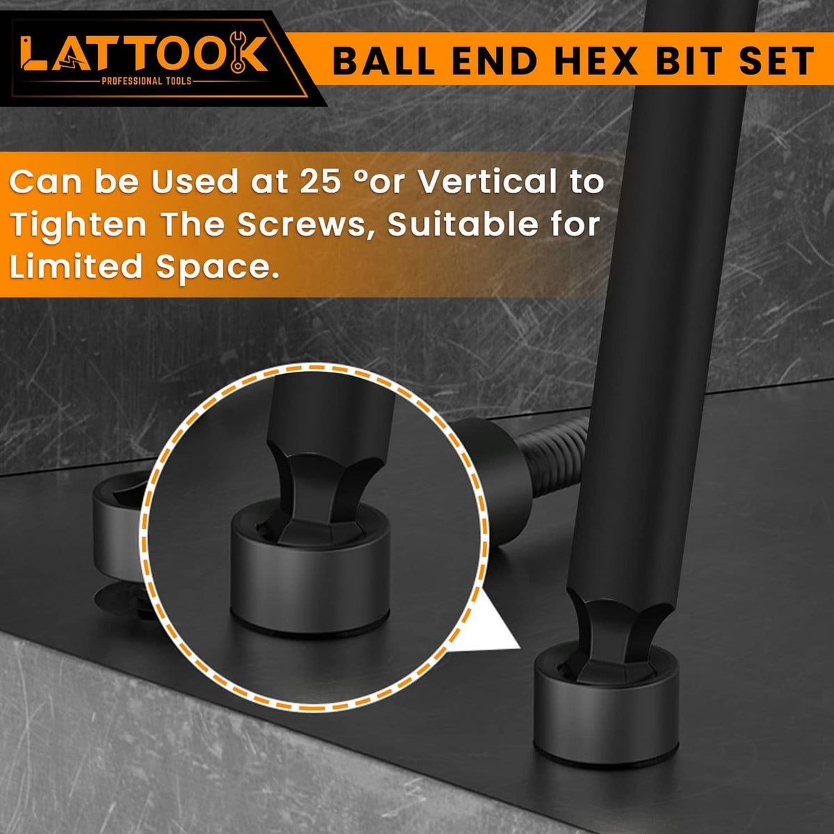 Ball-end hex bit seated in a screw head for angled or vertical fastening