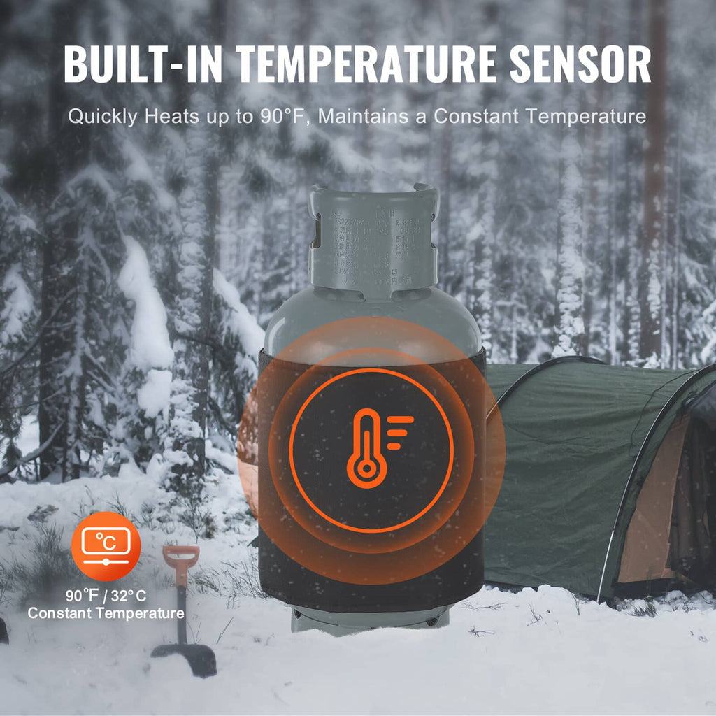 Insulated gas cylinder warmer with built-in temperature sensor indicator on cylinder top