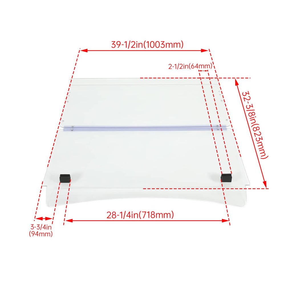 Clear folding windshield dimensions diagram with purple frame strut and mounting points