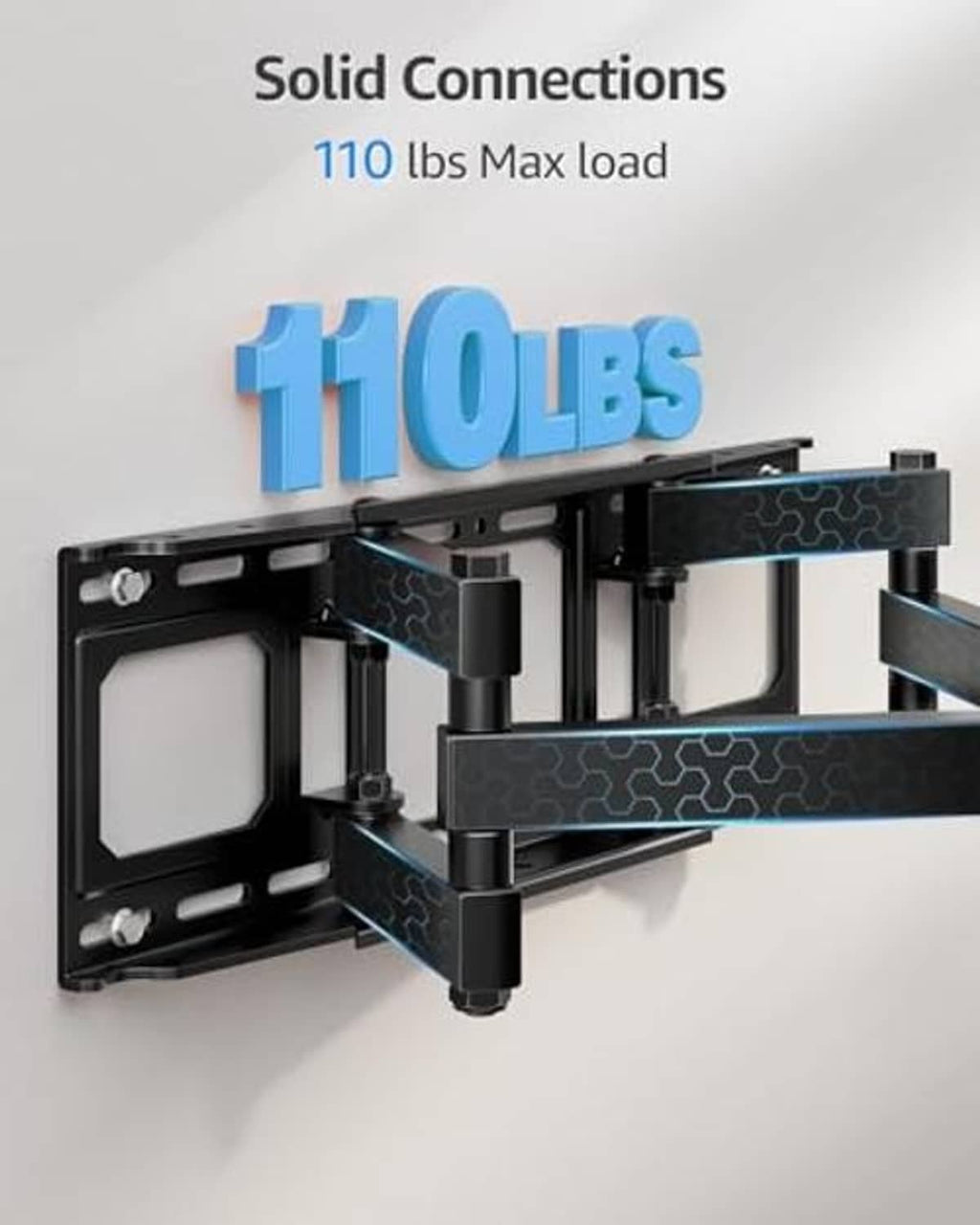 Heavy-duty full-motion TV wall mount with solid connection hardware and mounting base, black