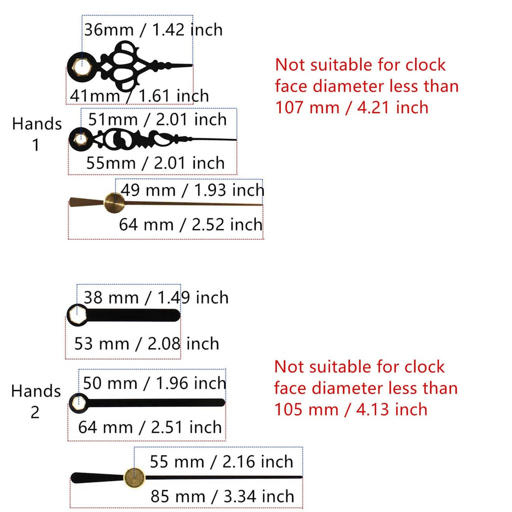 Clock hands size diagram with diameter and length measurements for dial fit