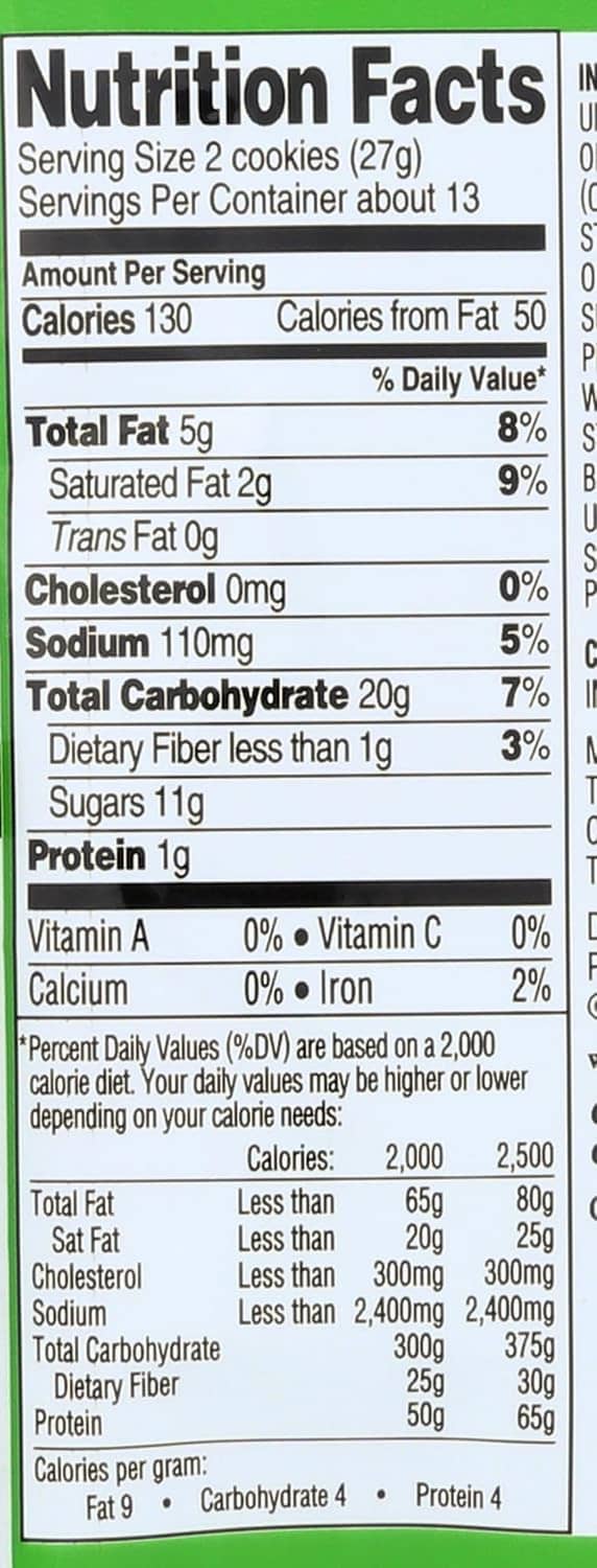 Nutrition Facts panel on the back of Newman O's hint-O-mint cookie package