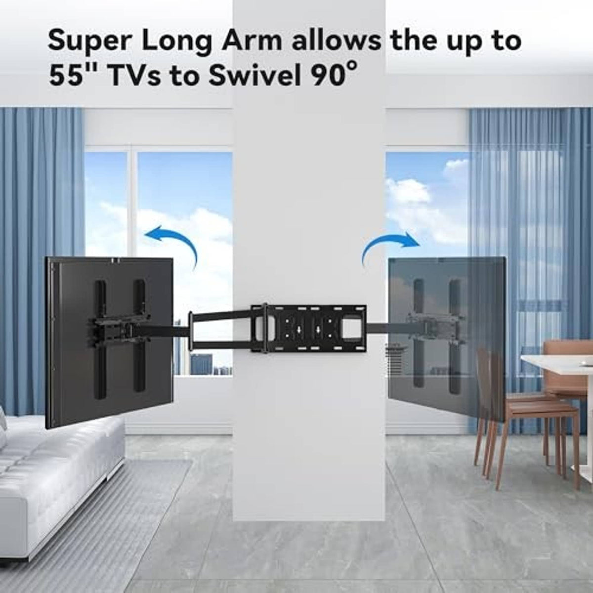 Black TV wall mount bracket swiveling on the wall for angled viewing