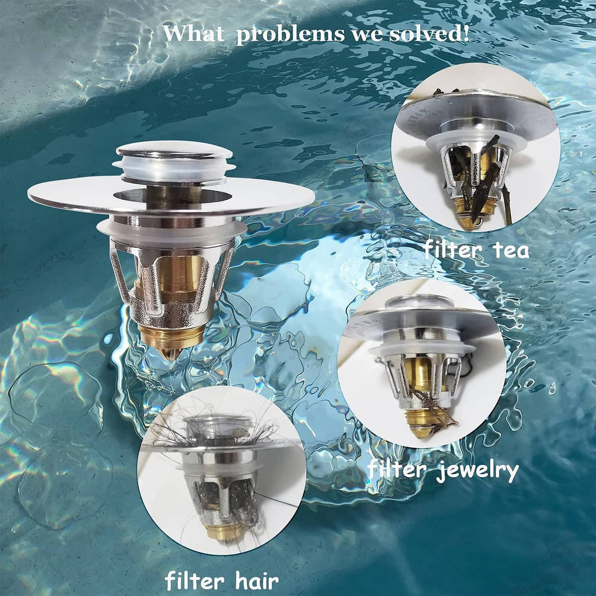 Chrome hair catcher stopper with gold-toned filter basket shown in water